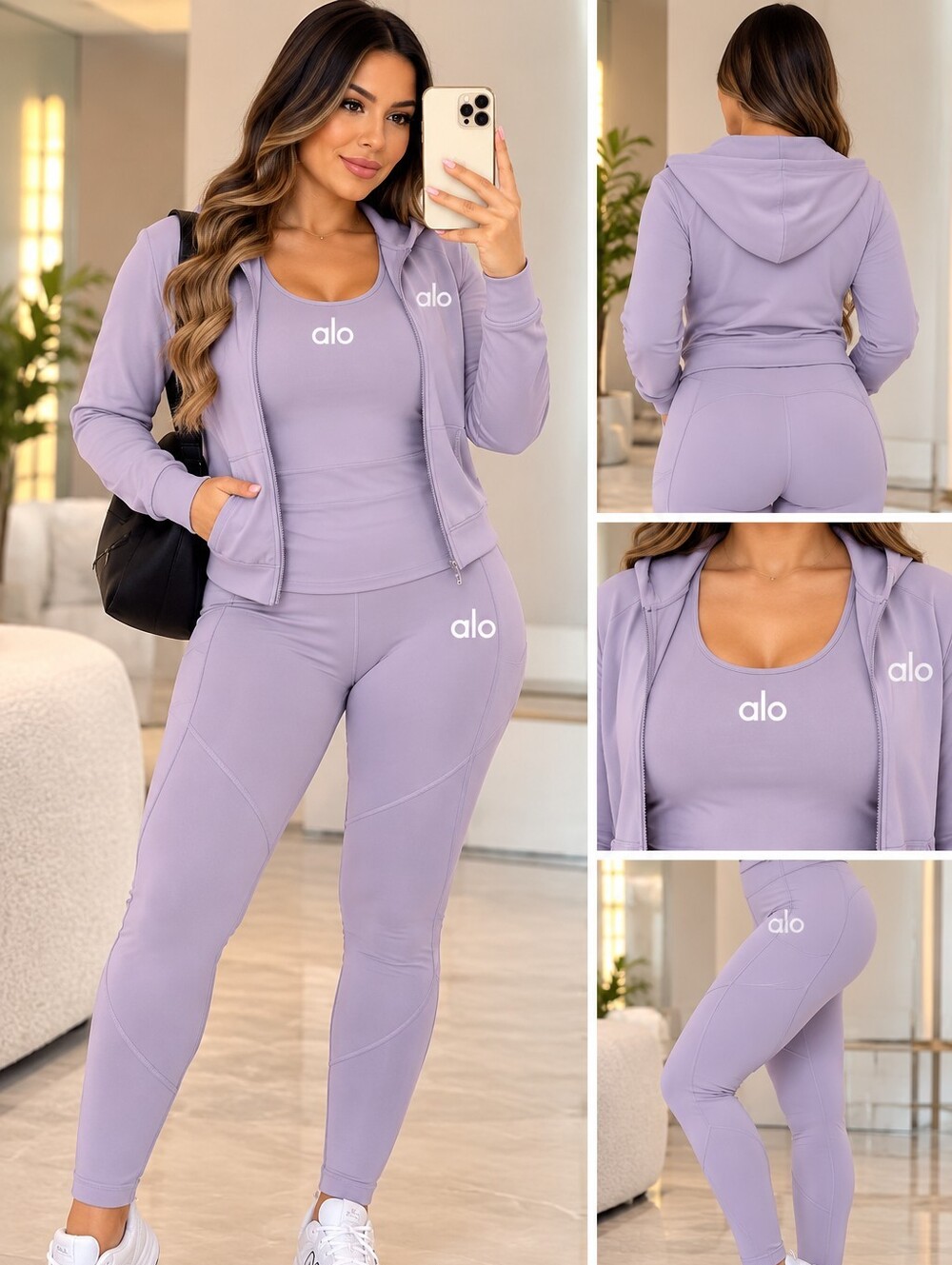 ALO Yoga Lavender High-Rise Leggings with Matching Tank & Zip Hoodie